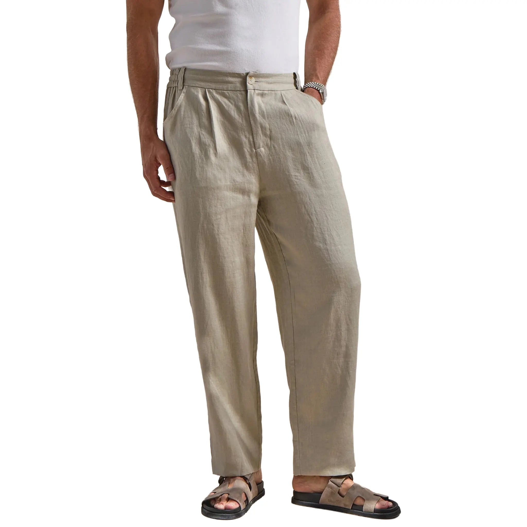Front View of Belier Premium Oatmeal Linen Trousers